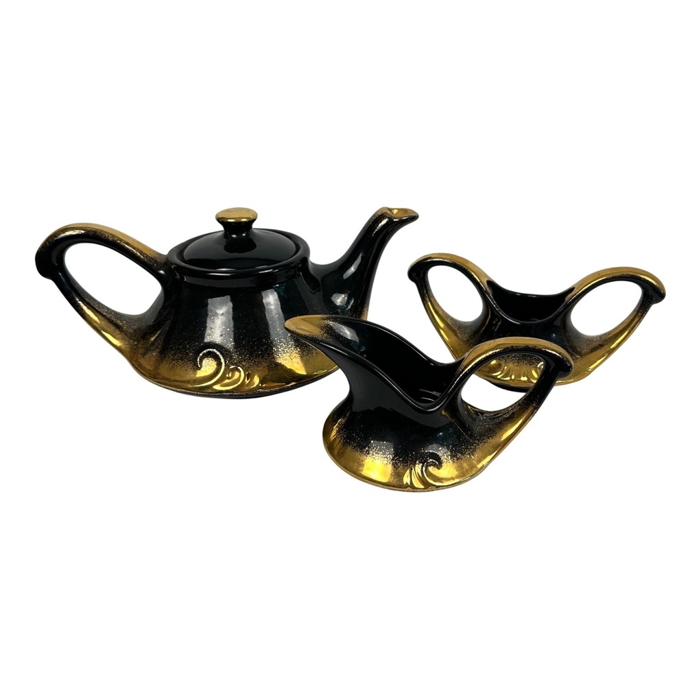 Vintage Pearl China Black & Gold Teapot Creamer‎ Sugar Set Elegant Tea Party